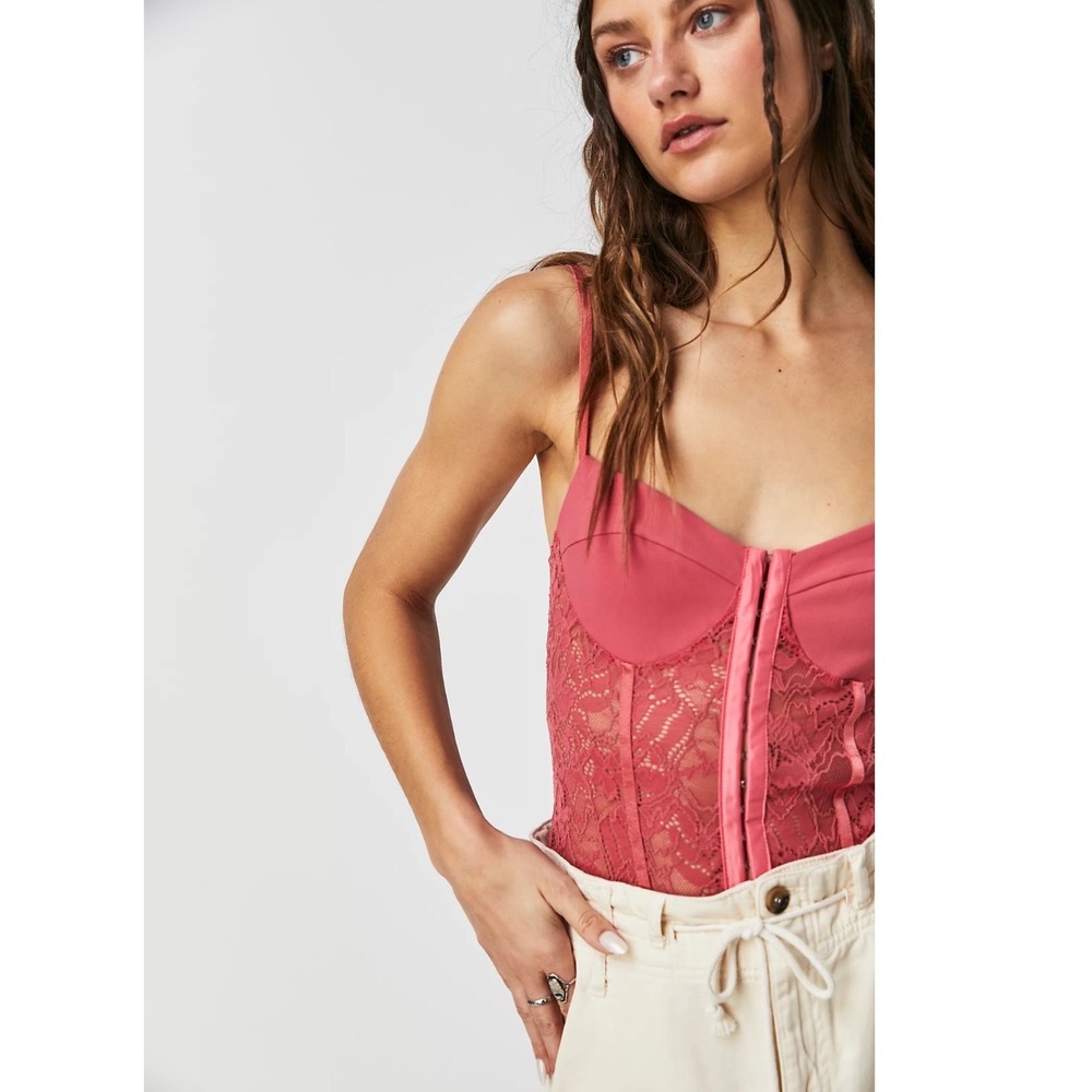 Intimately Free People Night Rhythm Pink Sorbet Lace Corset Bodysuit Hook Eye M